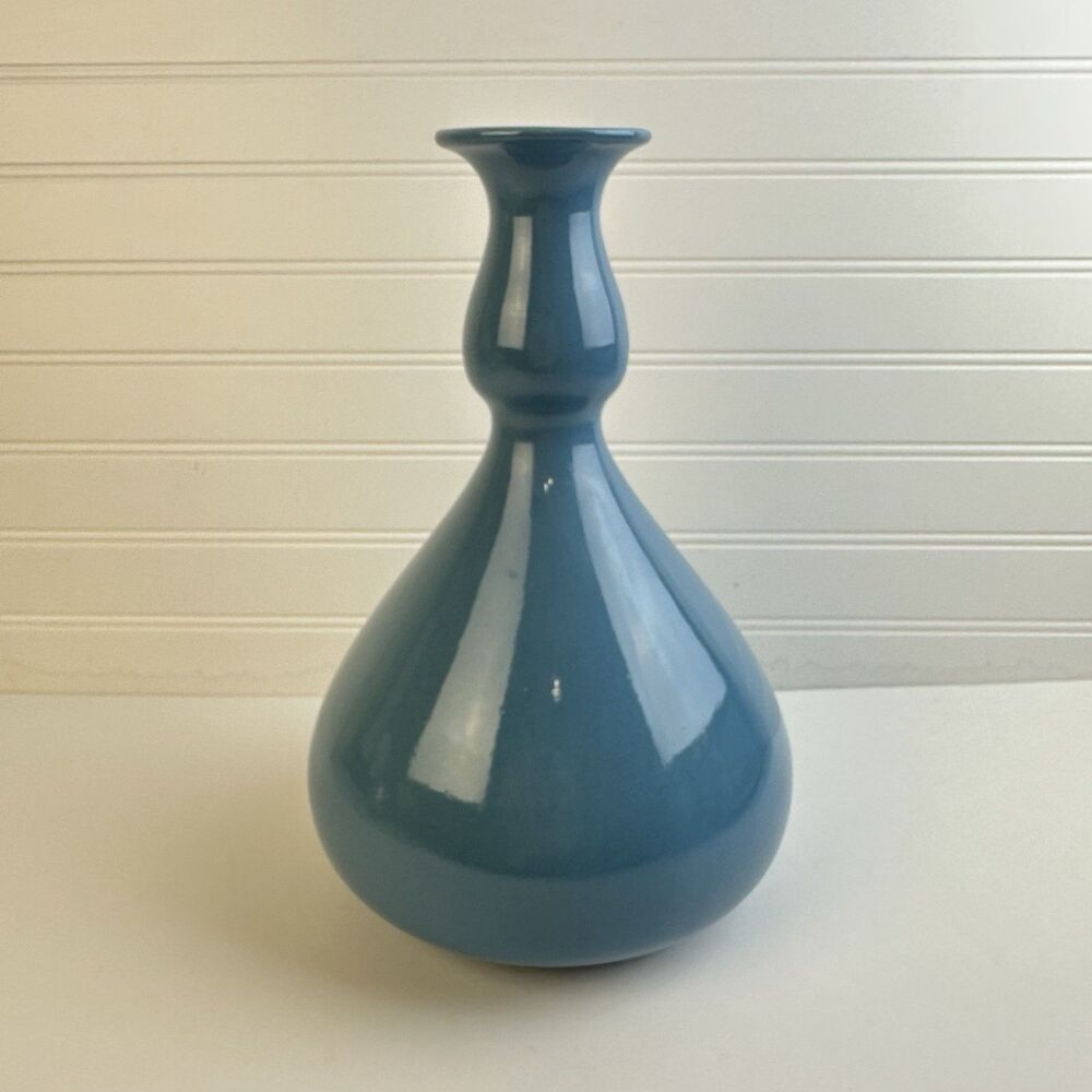 Vintage 80s Modern Ceramic Gourd Flower Vase Blue Glossy Glaze #454 Made in USA